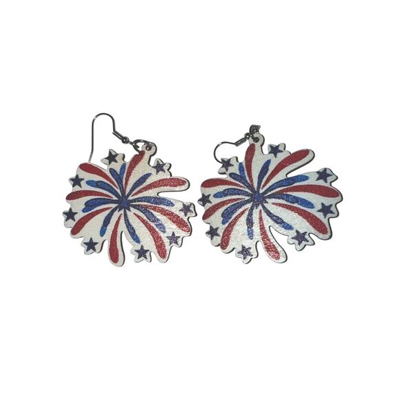 NWT 2 3/8" FIREWORKS 4TH OF JULY THICK WOODEN DANGLE EARRINGS - Picture 1 of 2